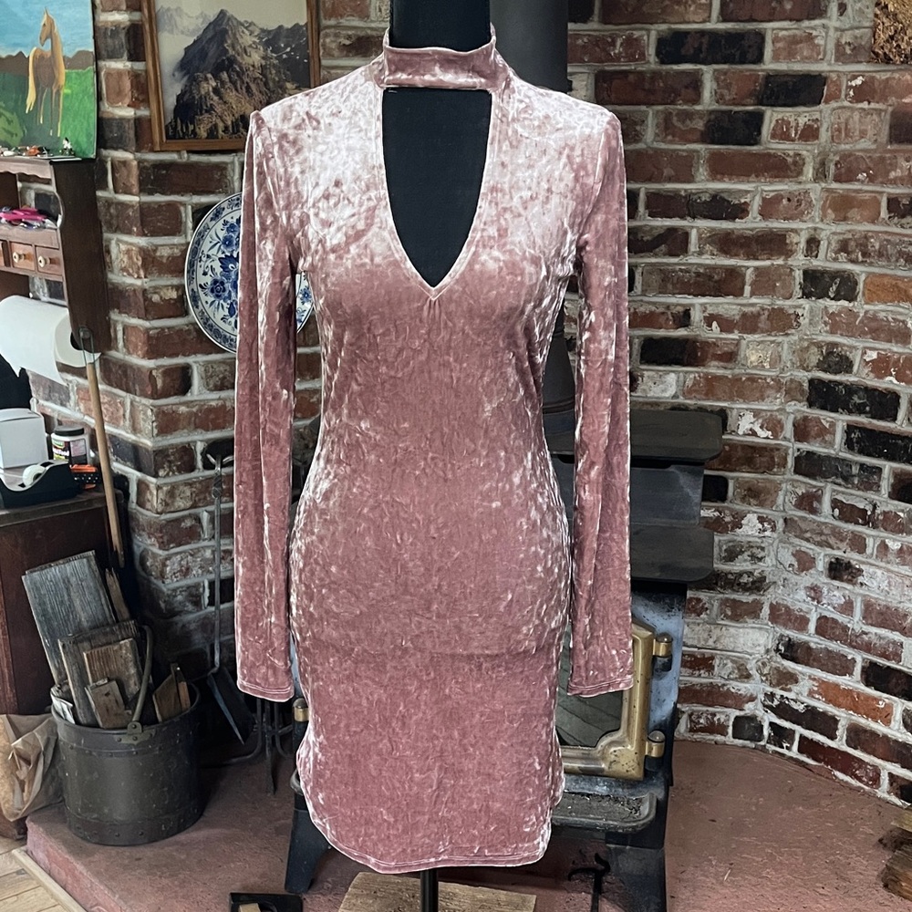 Chic Long Sleeve Velvet Dress in Blush Pink